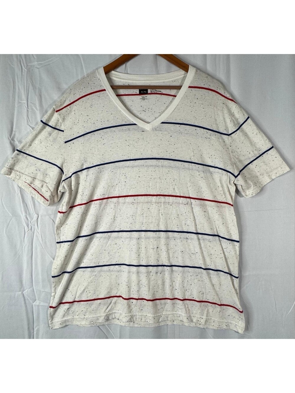 BDG Mens T-Shirt XL White Red Blue Striped Speckled V-Neck Slim Fit